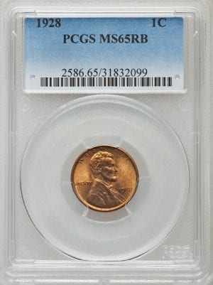 1928 LINCOLN CENT PCGS MS65 RB