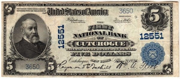 $5 1902 Plain Bank The First National Bank of Cutchogue, NY CH# 12551