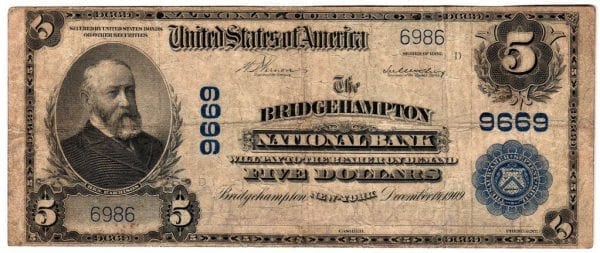 $5 1902 Plain Back The Bridgehampton National Bank Bridgehampton, NY CH# 9669