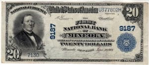 $20 1902 Plain Back The First National Bank of Mineola , NY CH# 9187