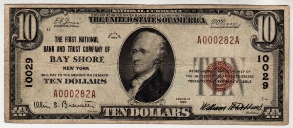 $10 1929 The First National Bank and Trust Company of Bay Shore, NY CH# 10029