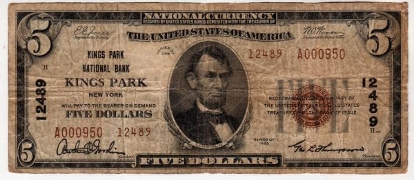 $5 1929 Kings Park National Bank Kings Park, New York CH# 12489