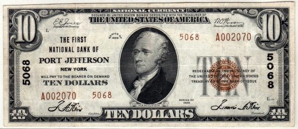 $10 1929 The First National Bank of Port Jefferson NY CH# 5068