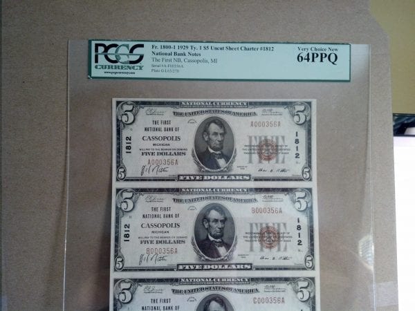 $5 1929 The First National Bank of Cossopolis, MI CH#1812 UNCUT SHEET of 6