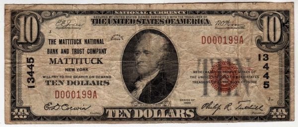 $10 1929 The Mattituck National Bank and Trust Company Mattituck, New York CH# 13445
