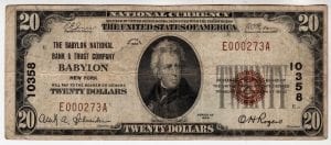 $20 1929 The Babylon National Bank & Trust Company Babylon, NY CH# 10358