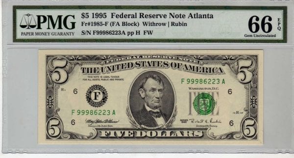 Fr.1985-F $5 1995 Atlanta PMG GEM 66 EPQ