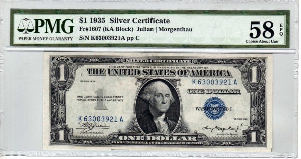 Fr.1607 $1 1935 K-A Block PMG Choice About Uncirculated 58 EPQ