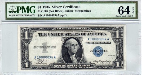 Fr.1607 $1 1935 A-A Block PMG Choice Uncirculated 64 EPQ