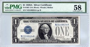 Fr.1601 $1 1928 A N-A Block PMG Choice About Uncirculated 58