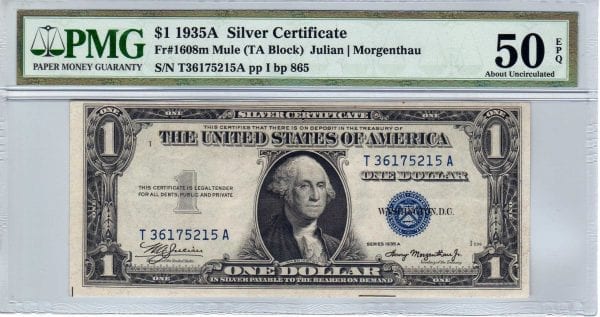 Fr.1608m $1 1935 A T-A Block Mule PMG About Uncirculated 50 EPQ