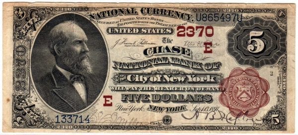 $5 1882 The Chase National Bank of the City of New York ,CH# 2370 Very Fine