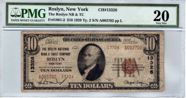 $10 1929 The Roslyn National Bank and Trust Company Roslyn , New York CH# 13326