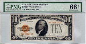Fr.2400 $10 1928 Gold Certificate PMG GEM Uncirculated 66 EPQ
