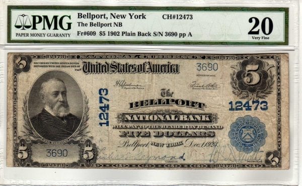 $5 1902 Plain Back The Bellport National Bank Bellport, NY CH# 12473 PMG VF 20