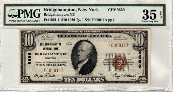 $10 1929 The Bridgehampton National Bank Bridgehampton, NY CH# 9669 PMG Very Fine 35 EPQ