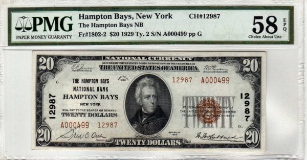 $20 1929 The Hampton Bays National Bank Hampton Bays, NY CH# 12987 PMG 58 EPQ