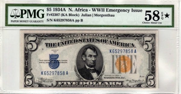 Fr.2307 $5 1934 A North Africa Silver Certificate PMG Choice About Uncirculated 58 EPQ *
