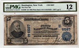 $5 1902 PB The First National Bank of Huntington NY CH# 6587 PMG Fine 12
